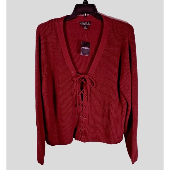 NWT Forever 21 Plus Womens Lace Up Red V Neck Slouchy Sweater Size 3X - Picture 1 of 5